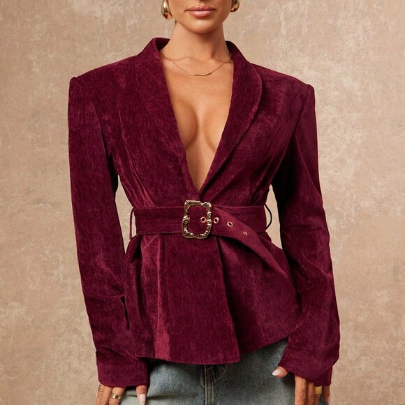 Burgundy Elegant Women's V-Neck Corduroy semi oversized belted Blazer - Picture 1 of 7